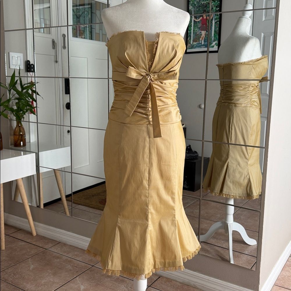 Donna Ricco Strapless Champagne Midi Dress with Front Bow